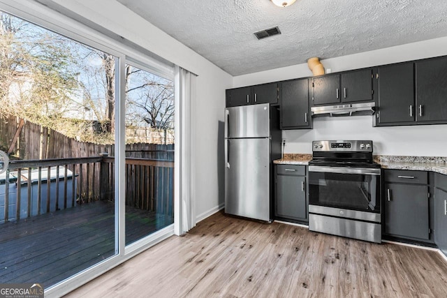 kitchen with appliances with stainless steel finishes, light hardwood / wood-style floors, and a textured ceiling