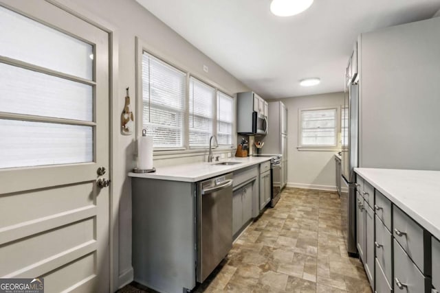 kitchen featuring gray cabinetry, sink, and stainless steel appliances