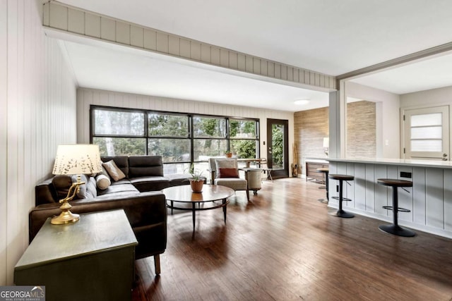 living room with dark hardwood / wood-style floors