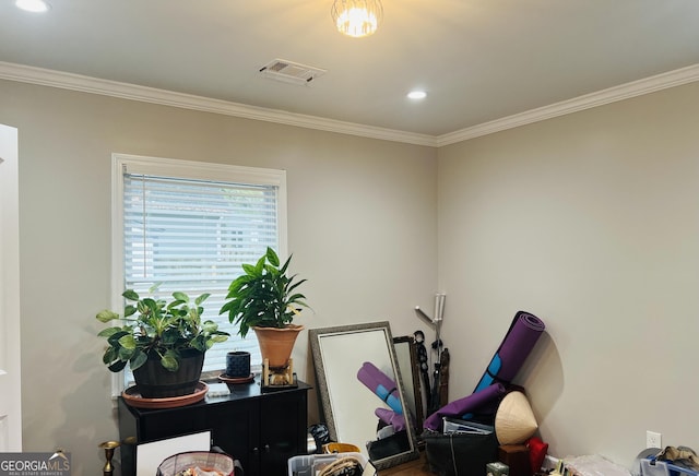 home office featuring crown molding