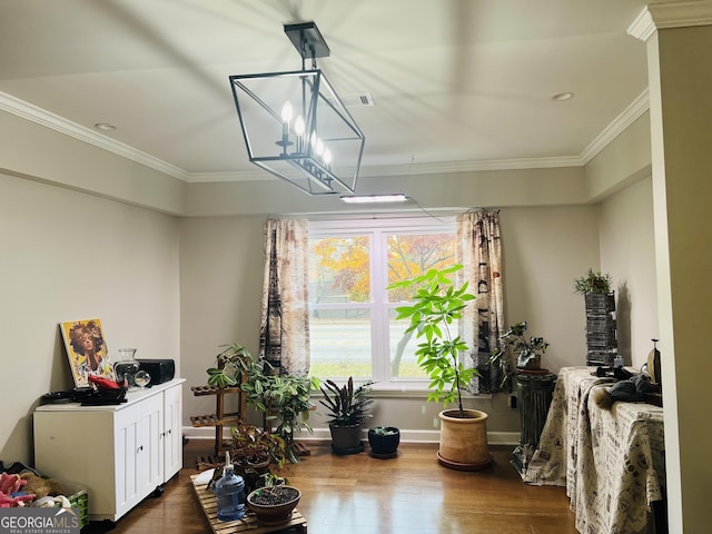 dining space featuring hardwood / wood-style flooring and ornamental molding