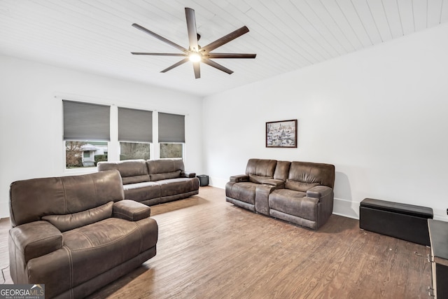 living room featuring hardwood / wood-style floors, wood ceiling, and ceiling fan