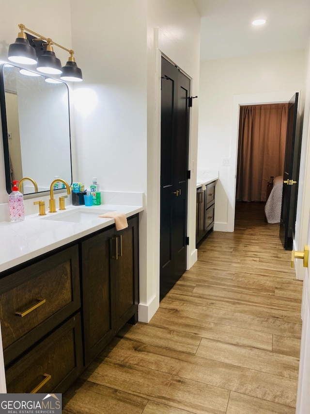 bathroom with wood-type flooring and vanity