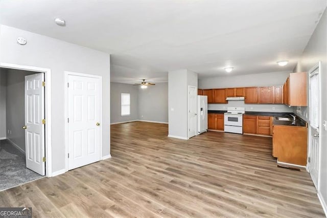 kitchen featuring ceiling fan, dark wood-type flooring, sink, and white appliances