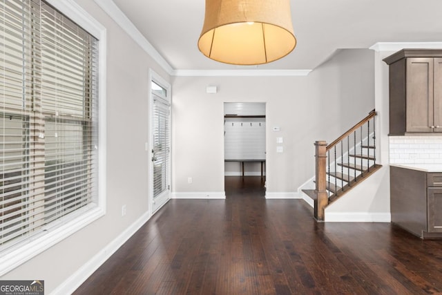 foyer with crown molding and dark hardwood / wood-style floors