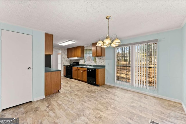 kitchen with decorative light fixtures, a textured ceiling, a chandelier, and dishwasher