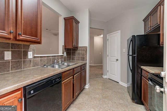 kitchen featuring backsplash, sink, and black appliances