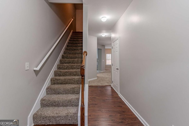 stairway with hardwood / wood-style floors