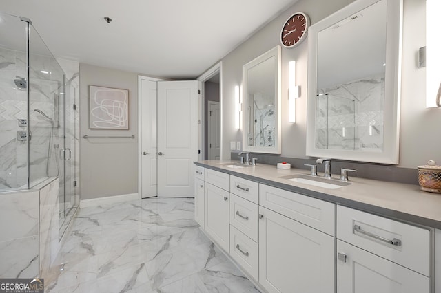 bathroom featuring vanity and a shower with shower door