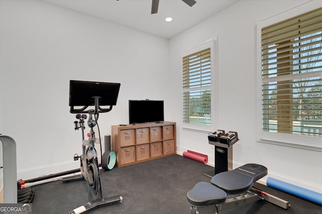 exercise area featuring ceiling fan