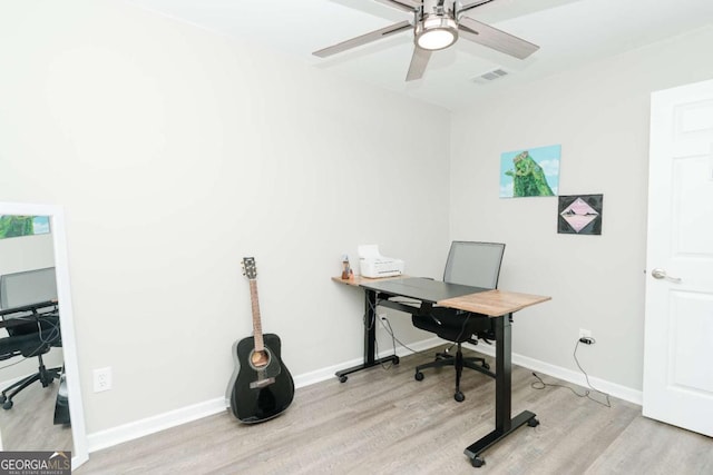 office featuring ceiling fan and light wood-type flooring