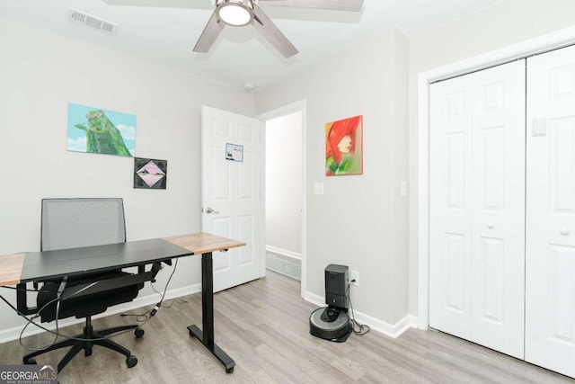 office space featuring ceiling fan and light hardwood / wood-style floors