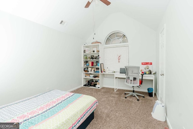 carpeted bedroom featuring lofted ceiling and ceiling fan