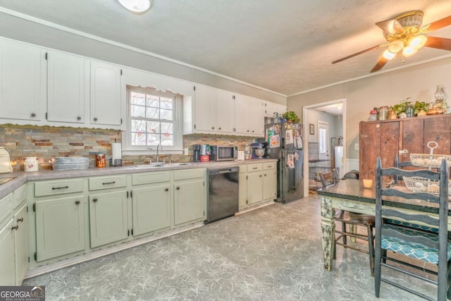 kitchen featuring sink, backsplash, ceiling fan, black appliances, and crown molding