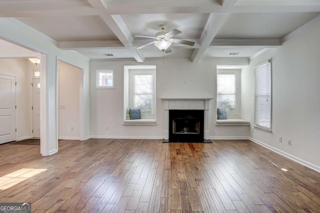 unfurnished living room with wood-type flooring, coffered ceiling, ceiling fan, and beam ceiling