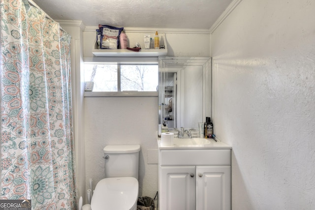 bathroom featuring ornamental molding, vanity, a textured ceiling, and toilet