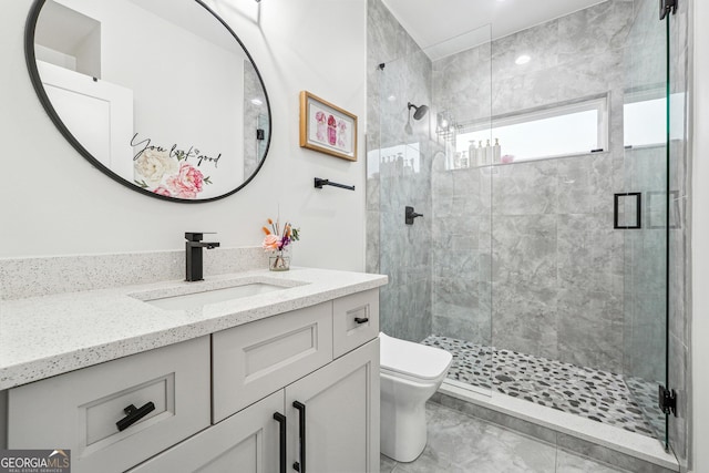 bathroom with toilet, vanity, and a shower stall