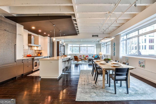 dining space with dark wood-type flooring and sink