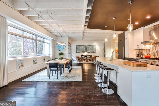 kitchen featuring pendant lighting, a large island, a kitchen breakfast bar, dark hardwood / wood-style floors, and white cabinets