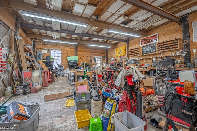 garage with a workshop area