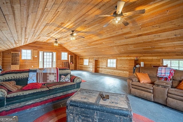 living room with lofted ceiling, wooden ceiling, and wood walls