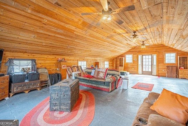 living room with wood ceiling, ceiling fan, wooden walls, and vaulted ceiling