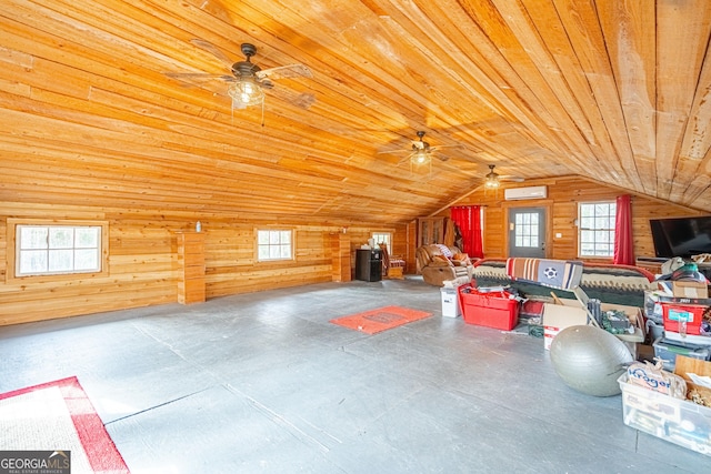 bonus room with wood ceiling, wood walls, lofted ceiling, and plenty of natural light