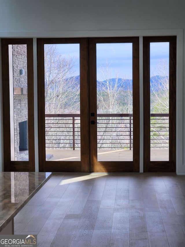 doorway with hardwood / wood-style flooring and french doors