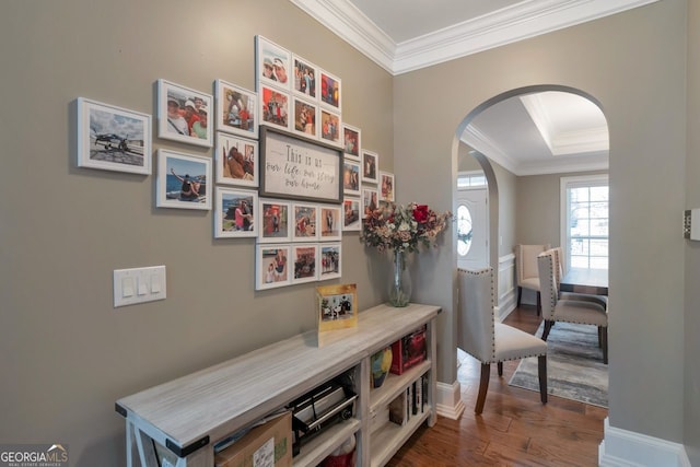 hall with a tray ceiling, crown molding, and dark wood-type flooring