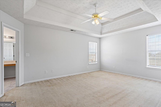 carpeted empty room featuring a raised ceiling, ceiling fan, a wealth of natural light, and a textured ceiling