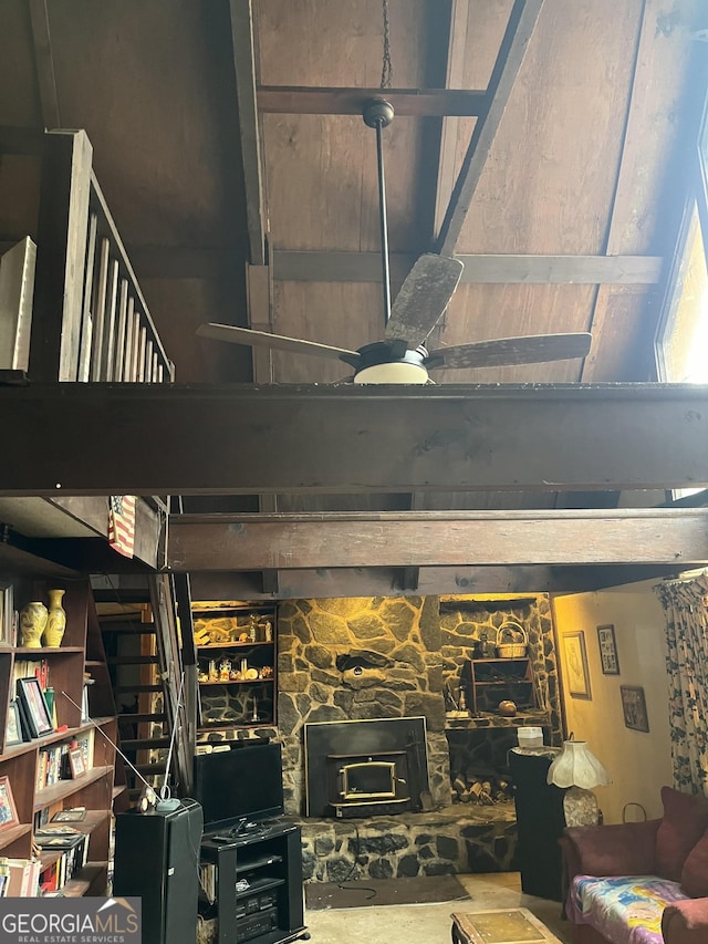 living room featuring a wood stove