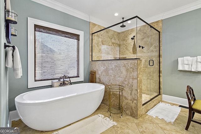 bathroom featuring crown molding and shower with separate bathtub