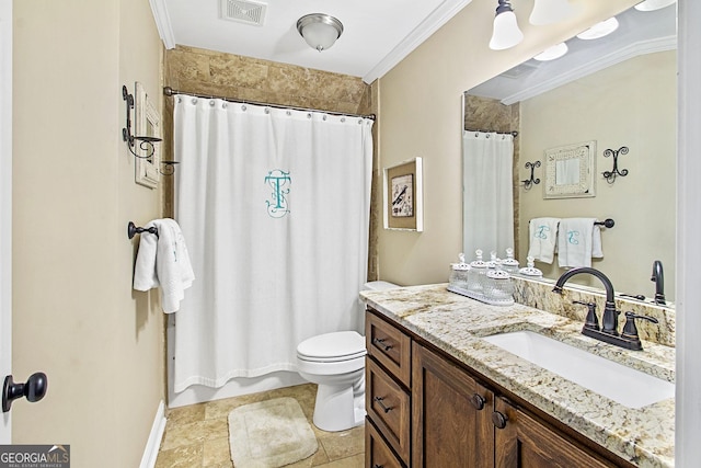 bathroom with a shower with curtain, ornamental molding, toilet, and vanity