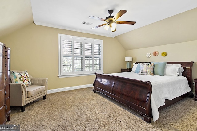 bedroom with lofted ceiling, carpet floors, and ceiling fan