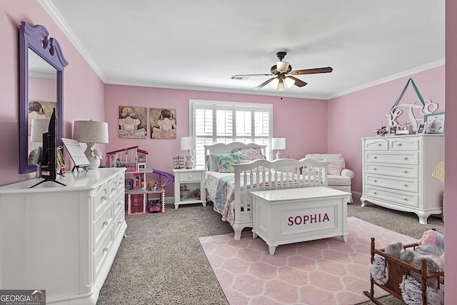 carpeted bedroom with crown molding and ceiling fan