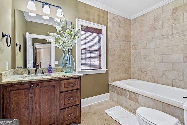 bathroom featuring tiled bath, vanity, toilet, crown molding, and tile patterned floors