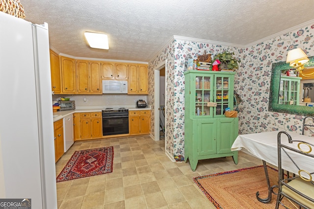 kitchen with white appliances, ornamental molding, and a textured ceiling