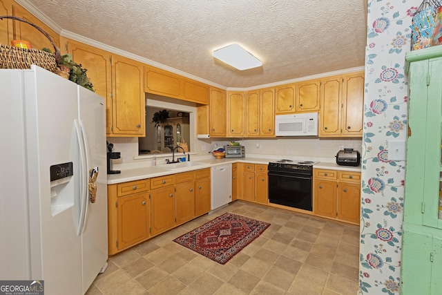 kitchen with sink, white appliances, decorative backsplash, and a textured ceiling