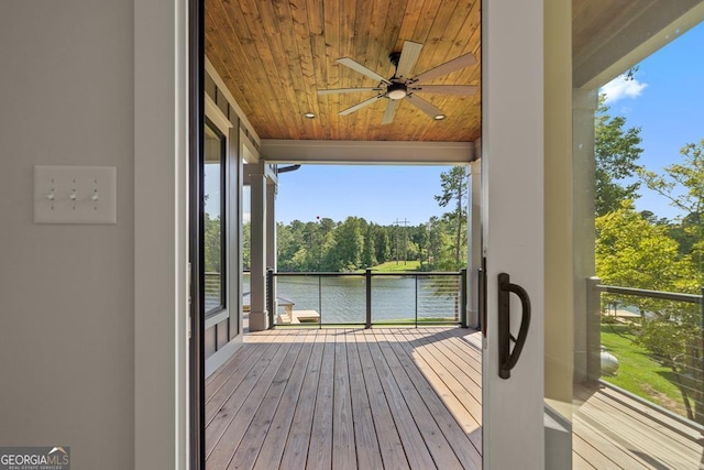 wooden deck with a water view and ceiling fan