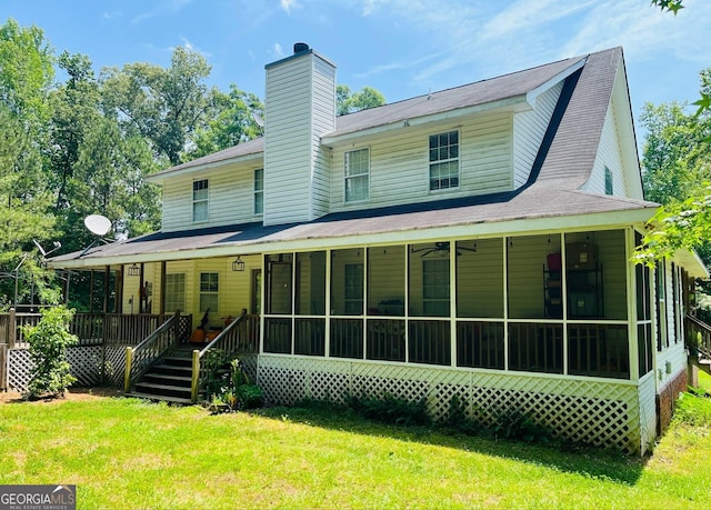 1400 Heidi Trl, Buckhead, GA 30625 - rear view of property with a sunroom, a lawn, and a chimney
