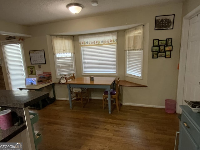 dining room with a healthy amount of sunlight, dark hardwood / wood-style floors, and a textured ceiling