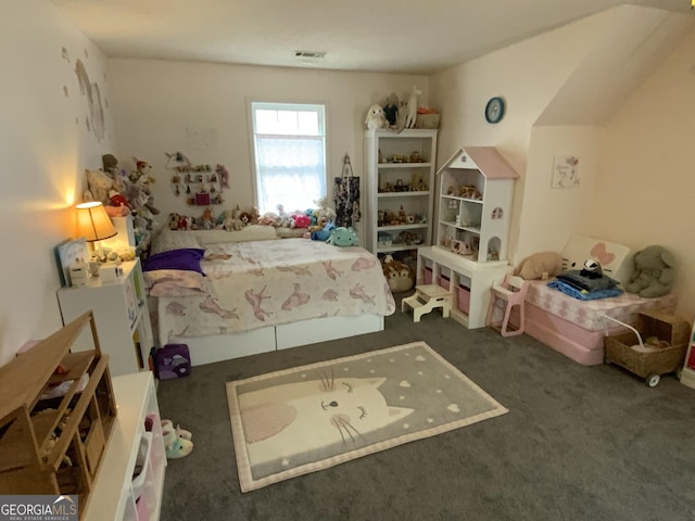 bedroom featuring dark colored carpet