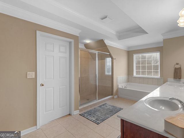 bathroom featuring crown molding, shower with separate bathtub, tile patterned floors, and vanity