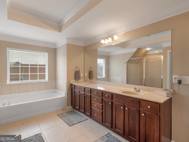 bathroom with vanity, crown molding, tile patterned floors, and a tray ceiling