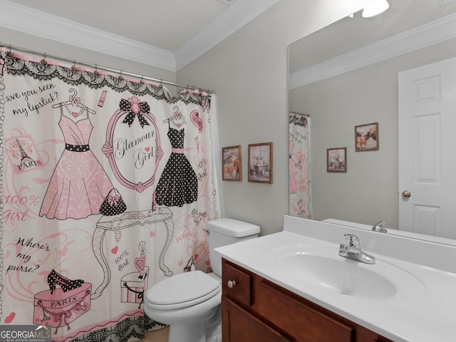 bathroom with vanity, ornamental molding, toilet, and walk in shower