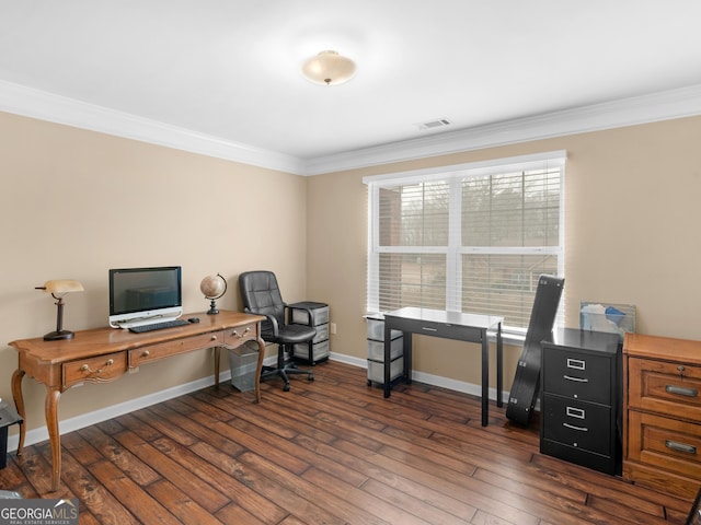 office space featuring ornamental molding and dark hardwood / wood-style floors