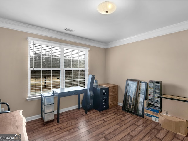 home office featuring ornamental molding, dark hardwood / wood-style flooring, and a wealth of natural light