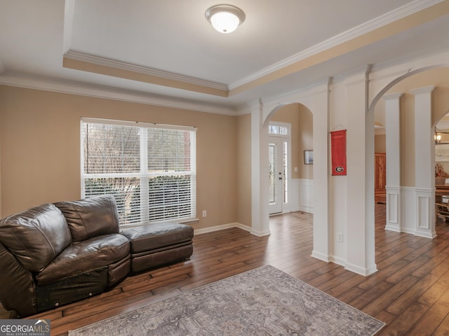 living room with dark wood-type flooring, ornamental molding, and a raised ceiling