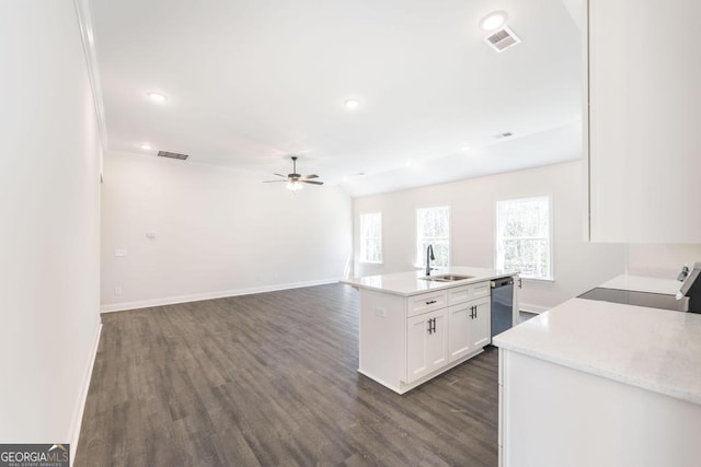 kitchen featuring a healthy amount of sunlight, visible vents, a sink, and white cabinetry