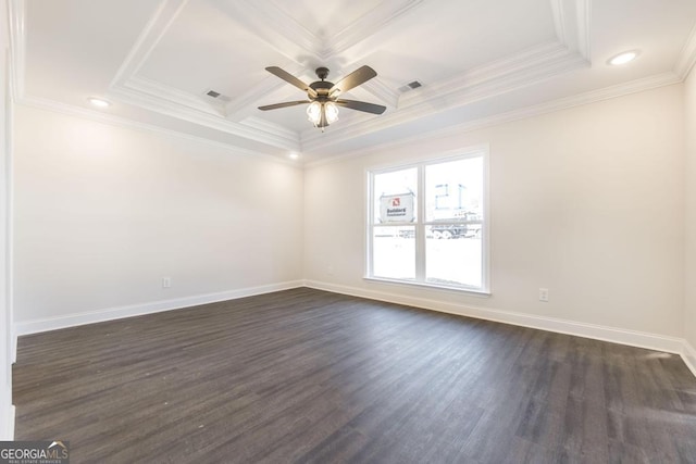 spare room featuring baseboards, coffered ceiling, dark wood finished floors, a ceiling fan, and ornamental molding